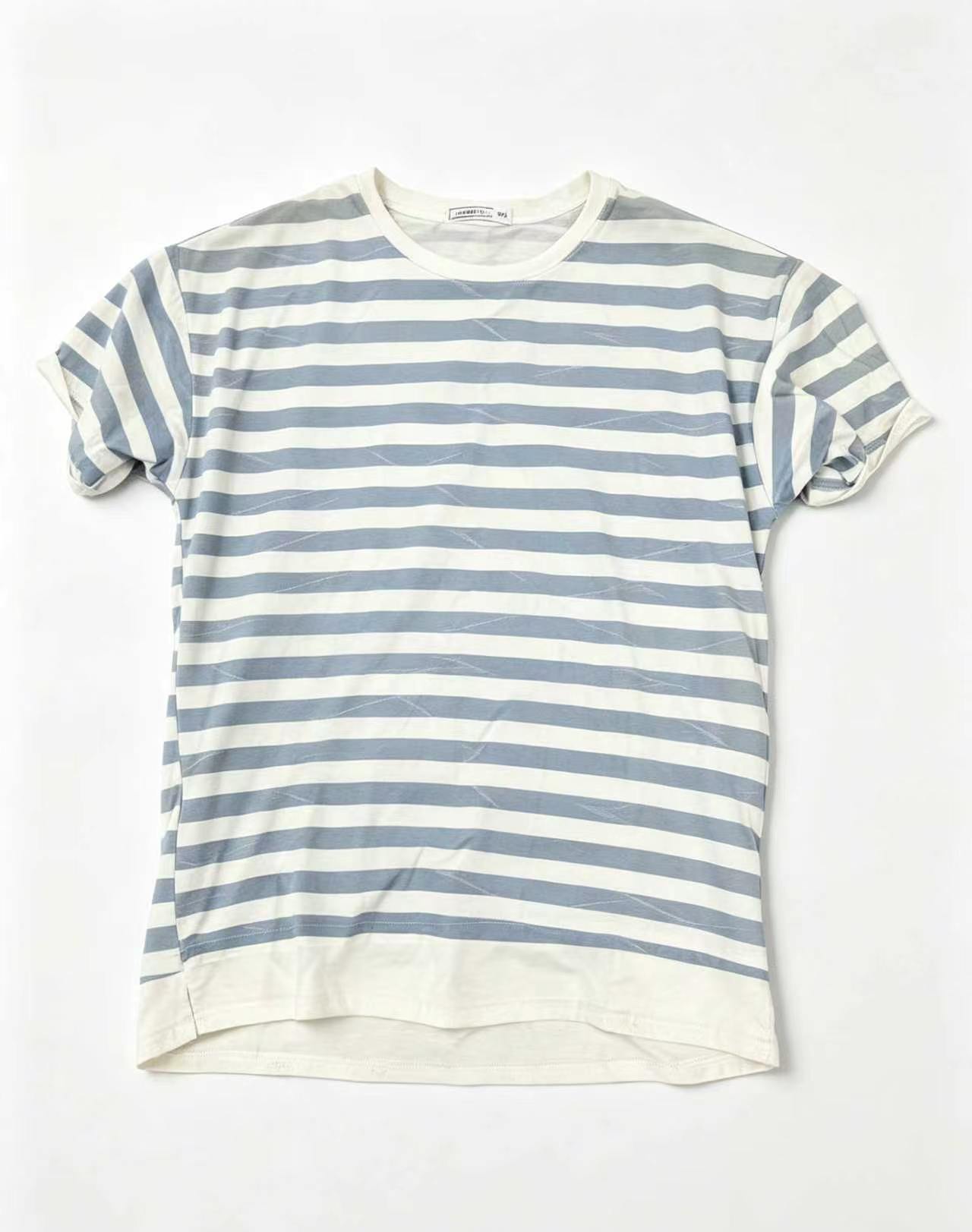 Men Blue White Horizontal Stripe Crew Neck Short Sleeve T-shirt