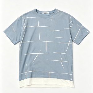 Men Light Blue Line Print Fake Two-Piece Short Sleeve T-shirt