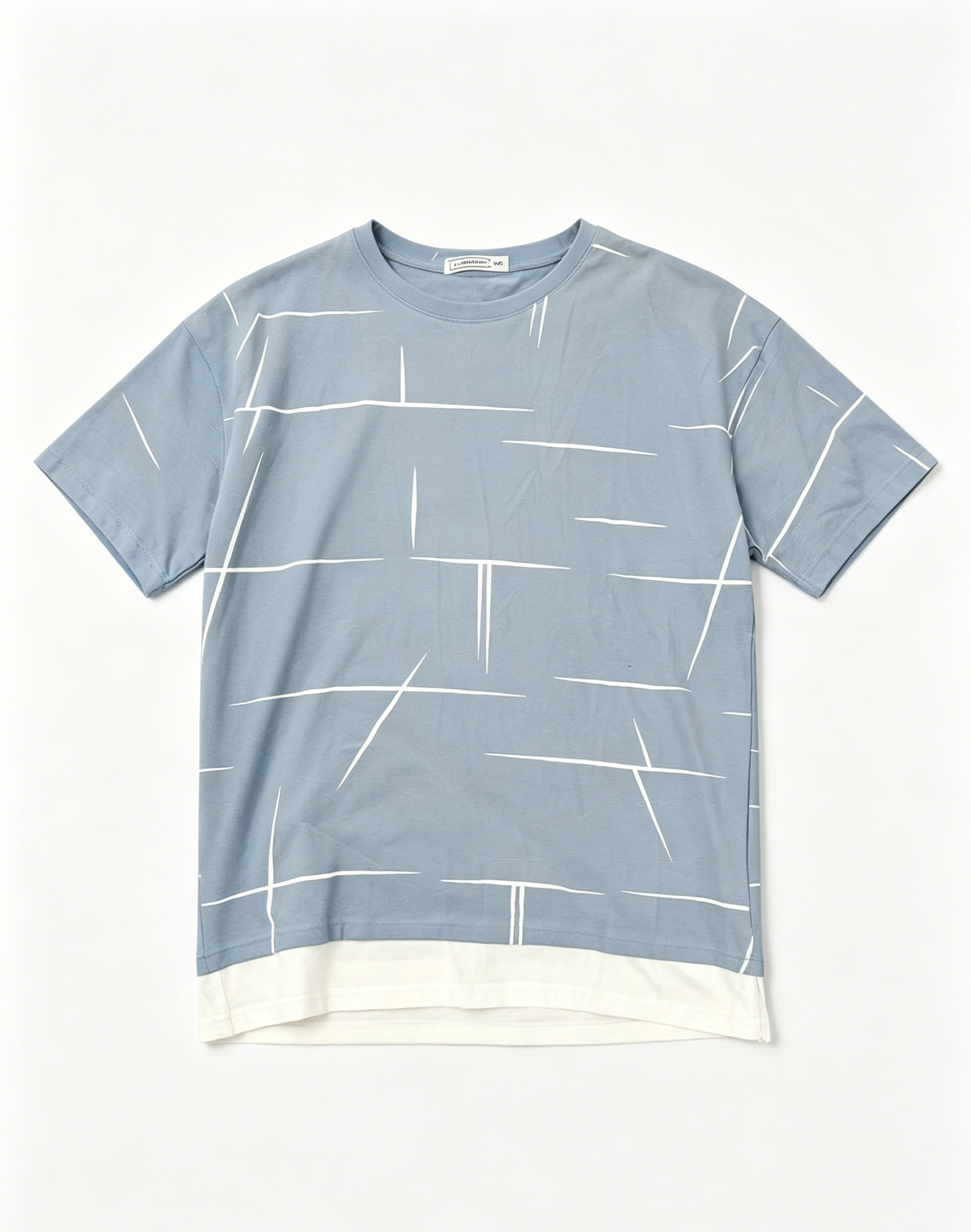 Men Light Blue Line Print Fake Two-Piece Short Sleeve T-shirt